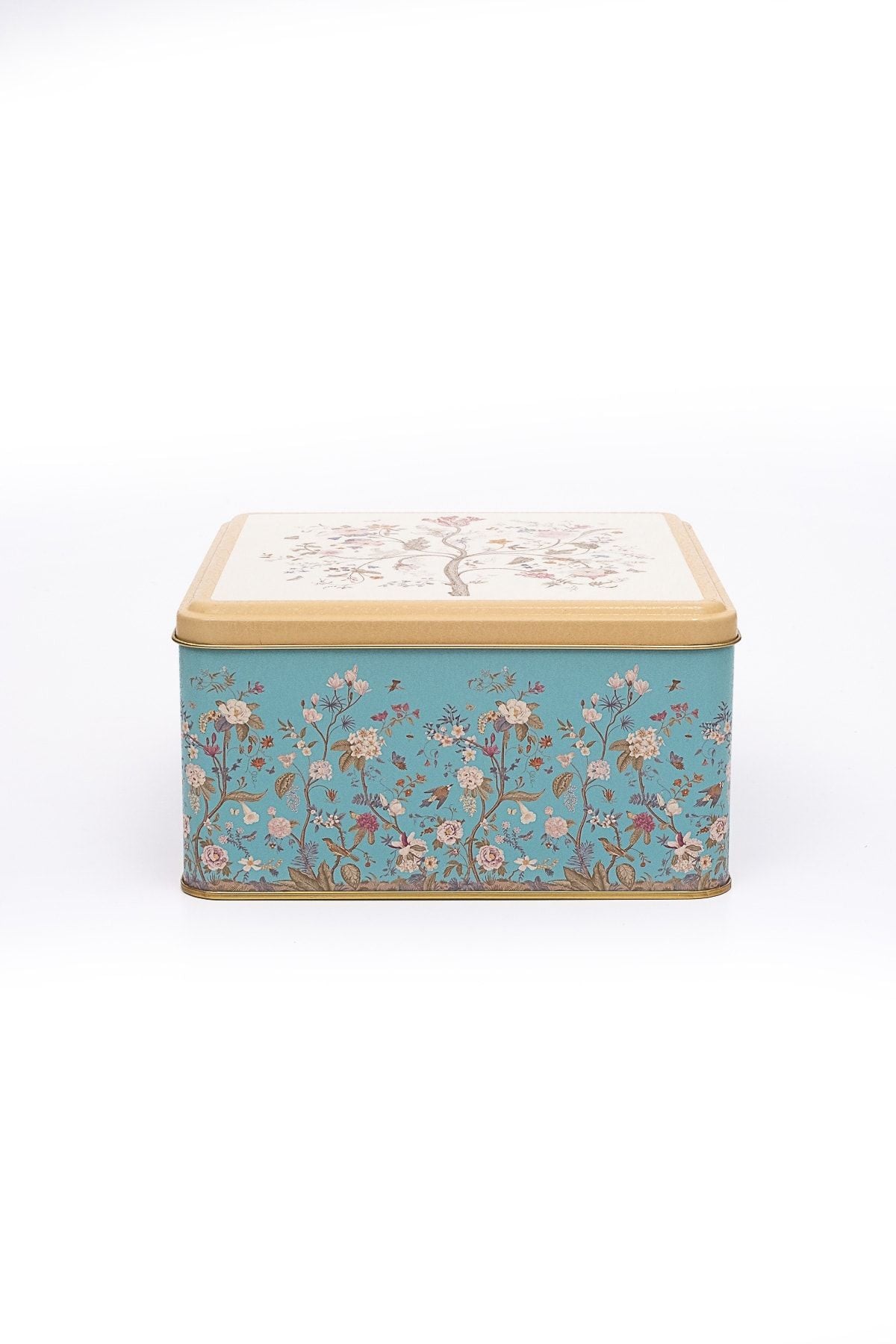 Er028-9f Botanica Blue Desenli Kare Metal Saklama Kabı 20x20 Cm