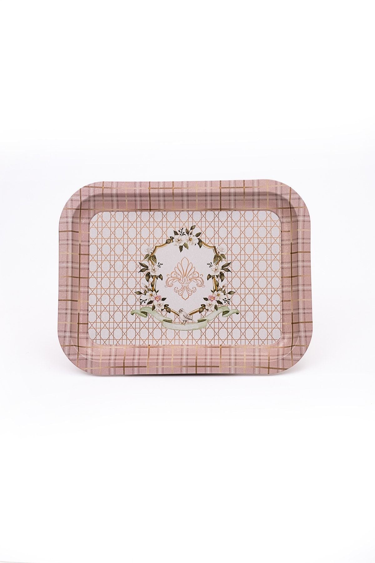 Rosy Desenli Metal Tepsi - Çay Kahve Tepsisi - Sunum Tepsisi 23 Cm X 31 Cm Ee161-u7