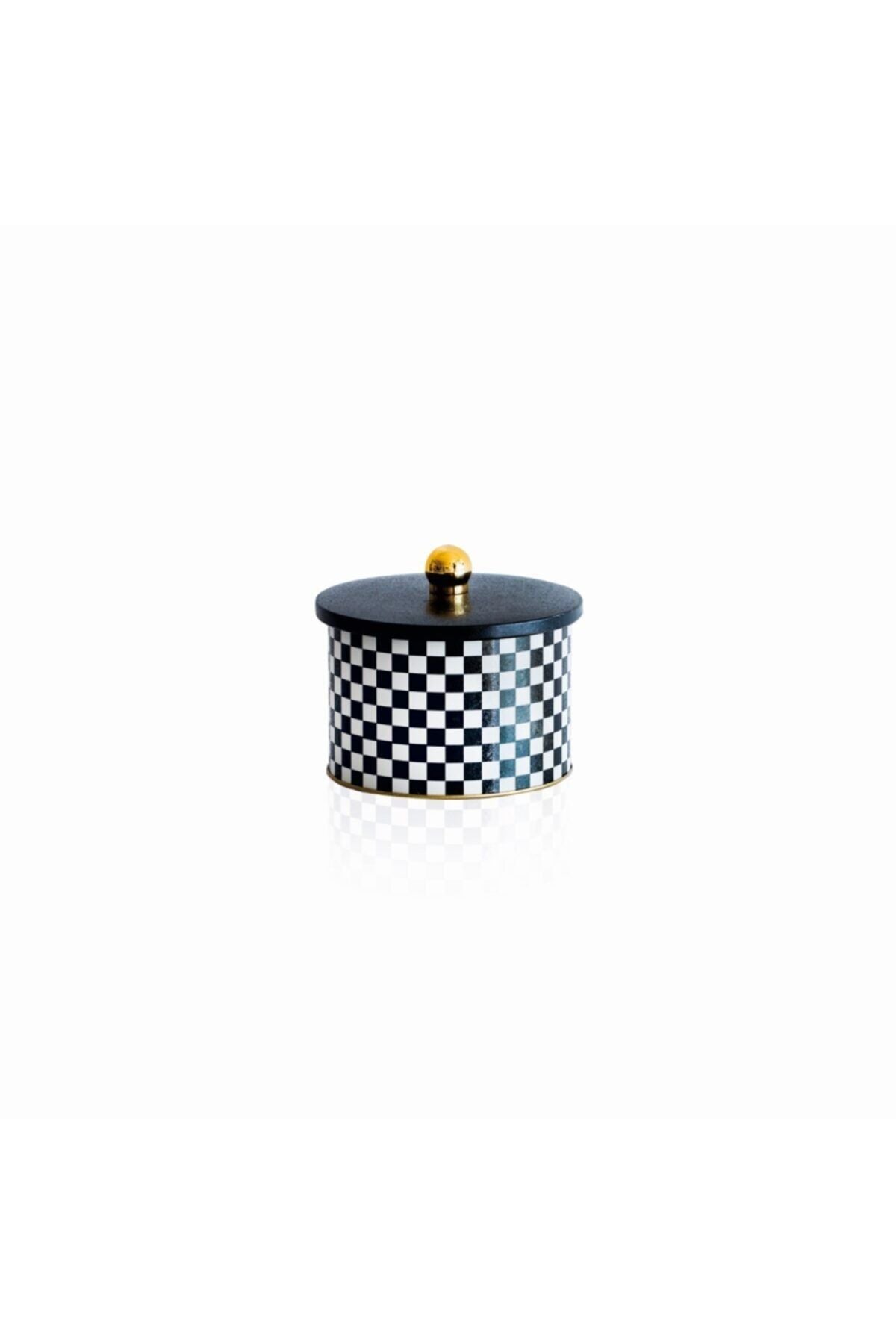 Ef141-g8 Checkers Black Desenli Yuvarlak Metal Saklama Kabı 14 Cm