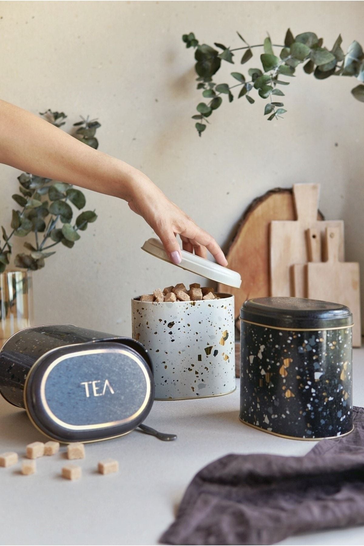 Erb07u4 Oval Metal Saklama Kabı 3 Lü Set, Terrazo