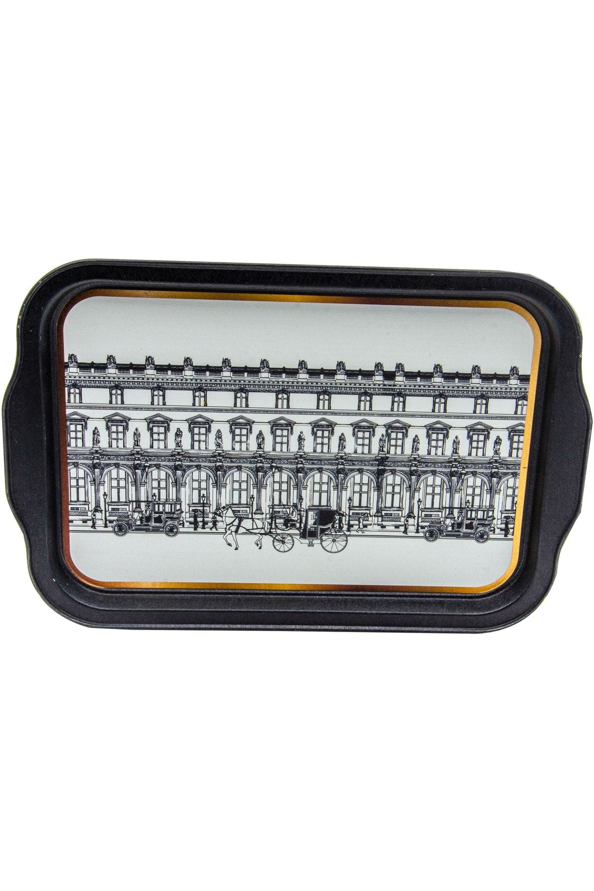 City Desenli Metal Tepsi - Çay Kahve Tepsisi - Sunum Tepsisi 21 Cm X 31 Cm Ee162-t9