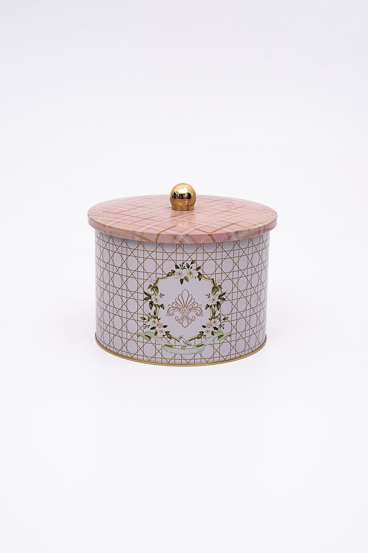 Rosy Desenli Yuvarlak Metal Saklama Kabı 14 Cm, Erzak Kabı - Organizer 17,5 Cm X 13 Cm Er145-u7