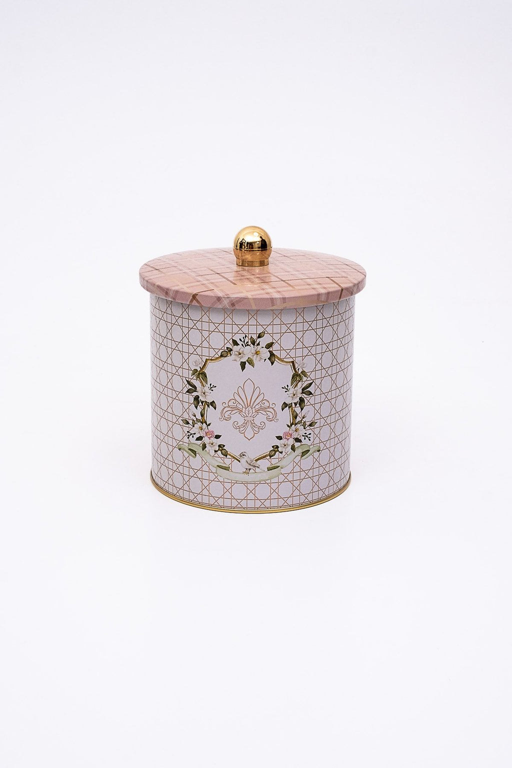 Rosy Desenli Yuvarlak Metal Saklama Kabı 14 Cm, Erzak Kabı 14 Cm X 15 Cm Er143-u7