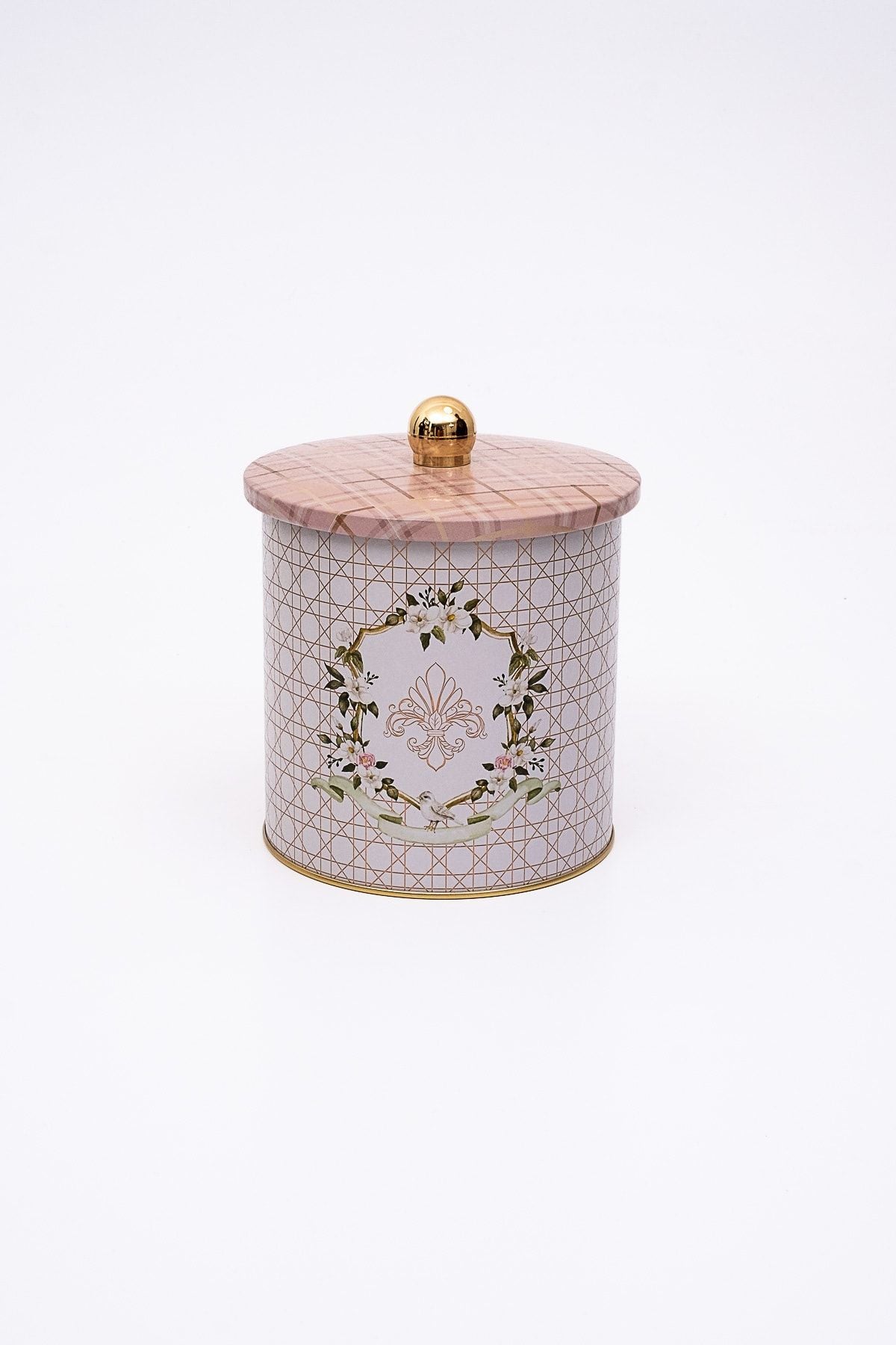 Rosy Desenli Yuvarlak Metal Saklama Kabı 14 Cm, Erzak Kabı 14 Cm X 15 Cm Er143-u7