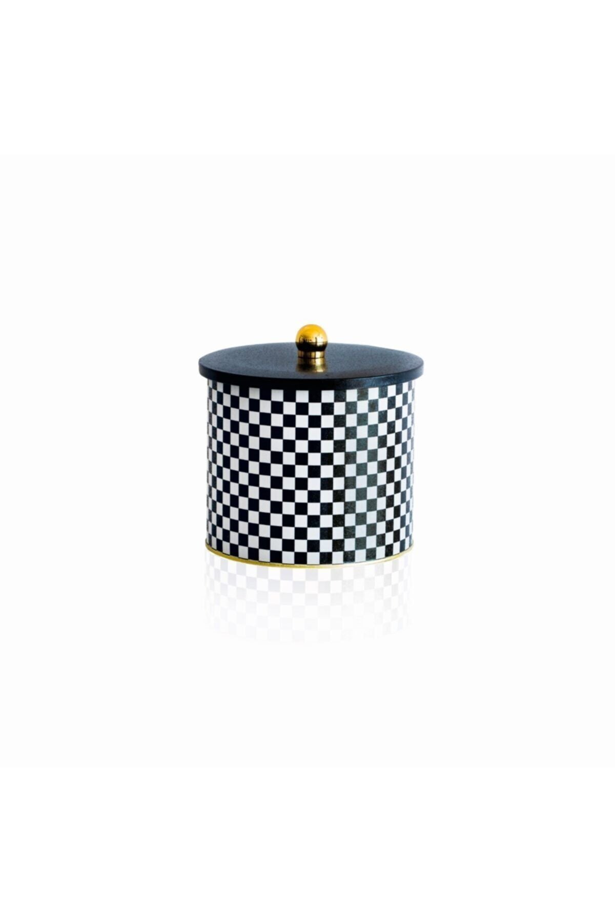 Ef146-g8 Checkers Black Desenli Yuvarlak Metal Saklama Kabı 17.5 Cm