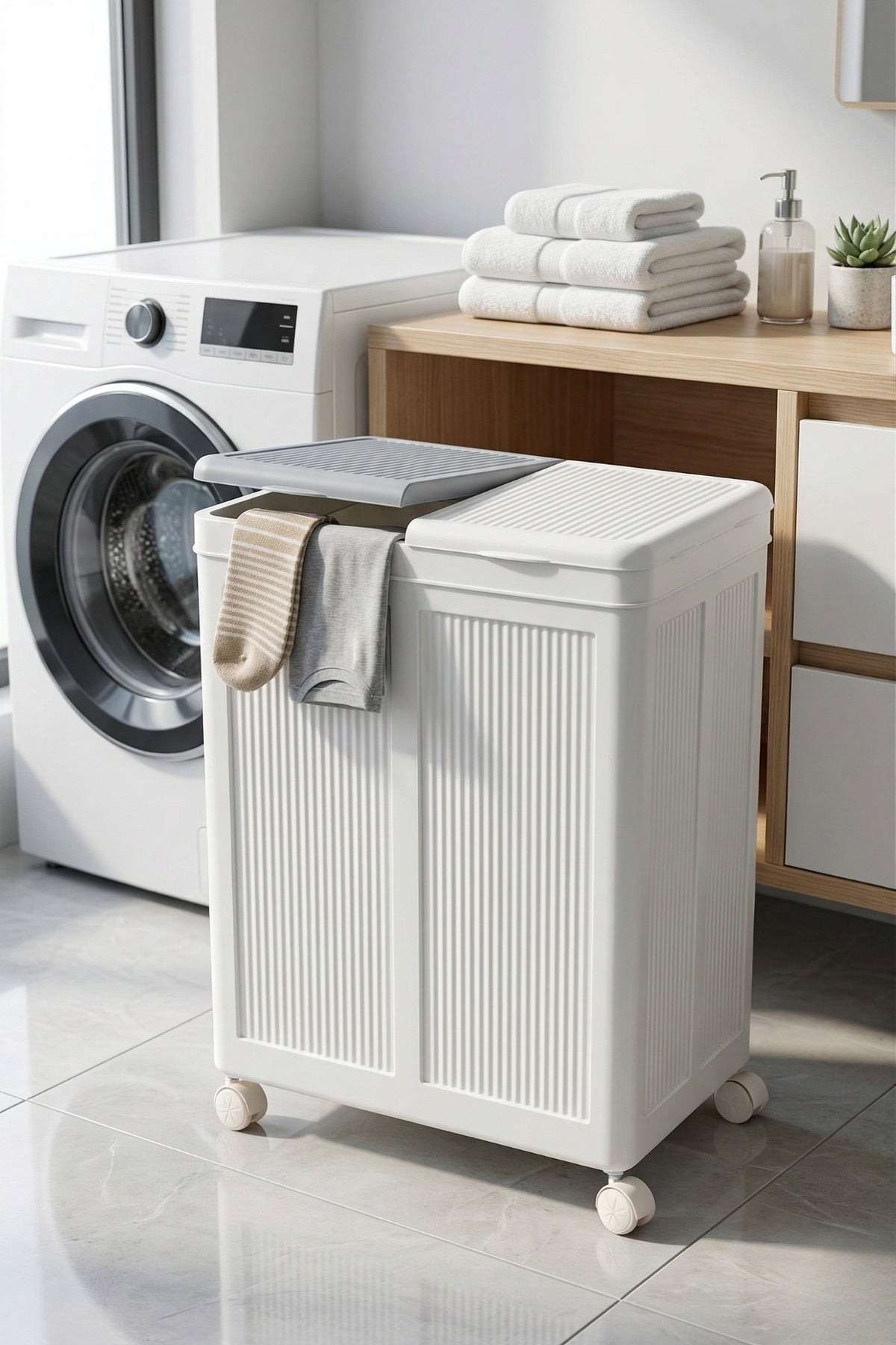 Evle 2 Bölmeli Tekerlekli 50 + 50 litre Kapaklı Çamaşır Sepeti, Kirli Sepeti
