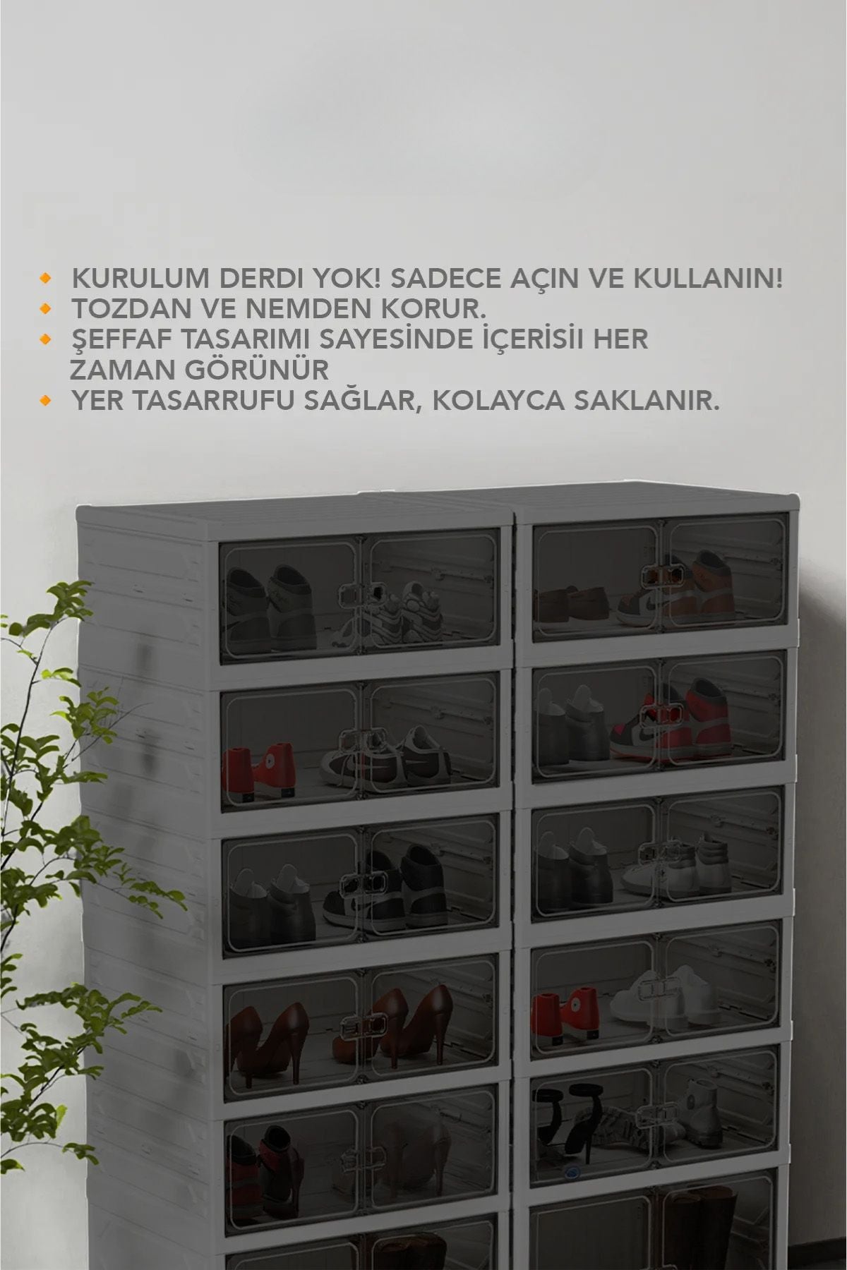 6 katlı portatif ayakkabı düzenleyici, şeffaf kapaklarıyla ayakkabıları korur ve yer tasarrufu sağlar.