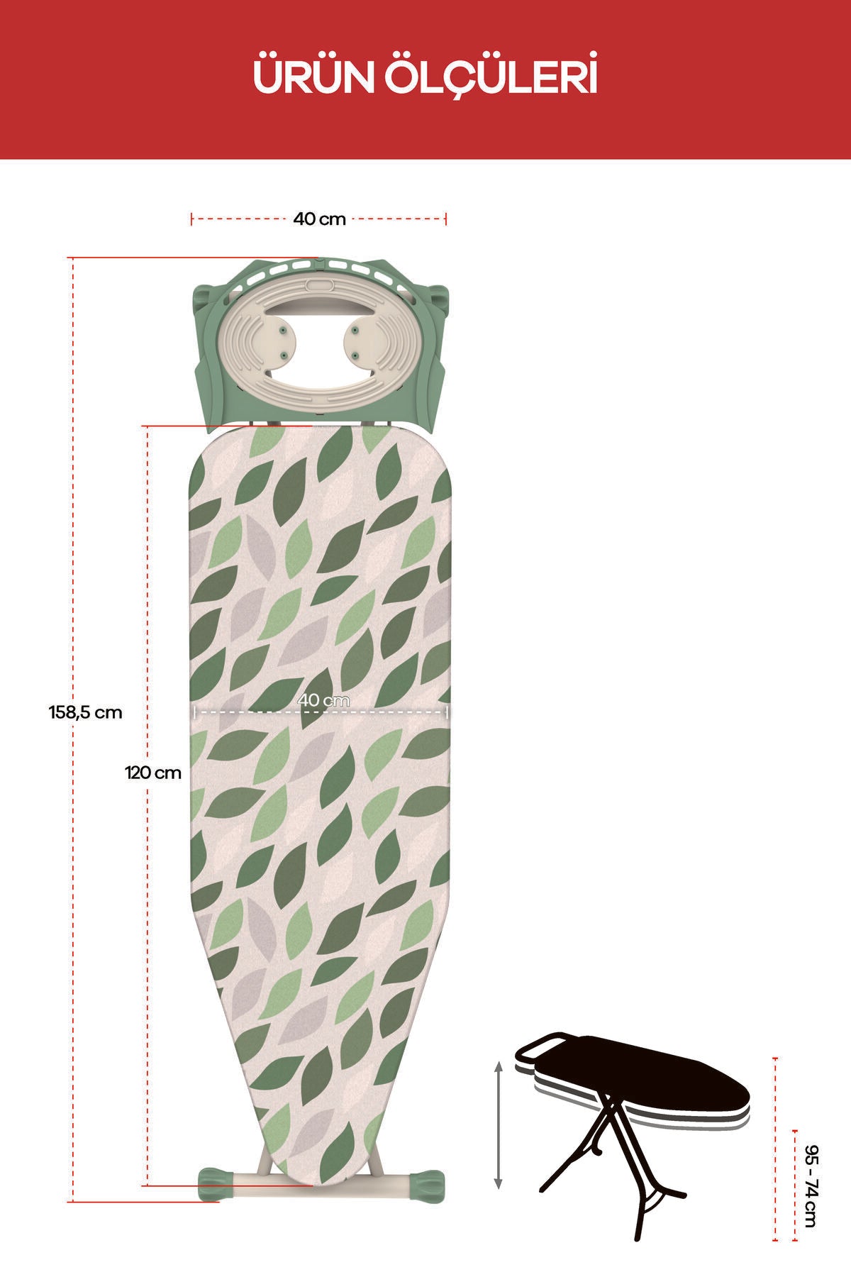 Perilla Valentina ütü masası, yeşil yaprak desenli, 158,5 cm uzunluk, 40 cm genişlikte.