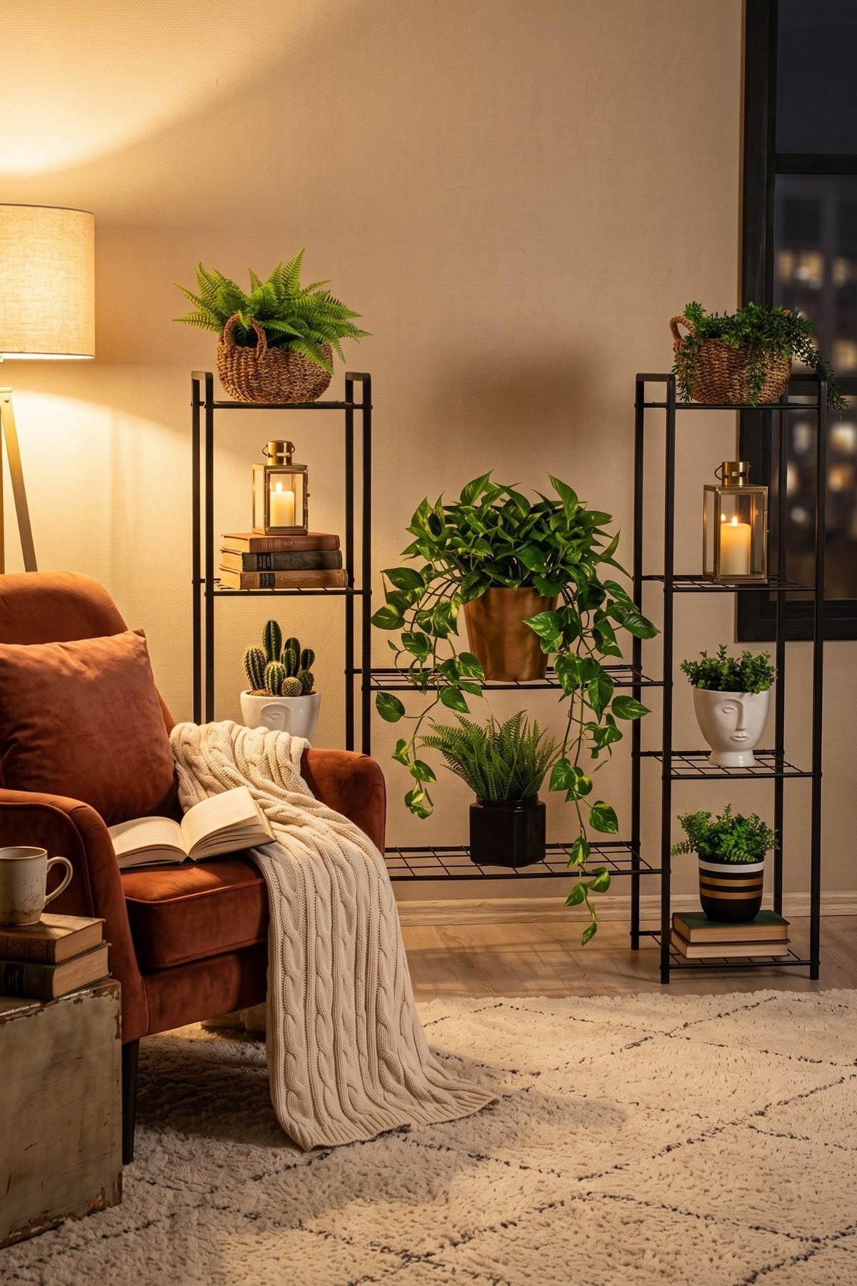 Evle 8 Raflı Metal Saksılık Çok Katlı Çiçek Standı Balkon Salon Bitki Rafı Siyah 30x125x83 cm