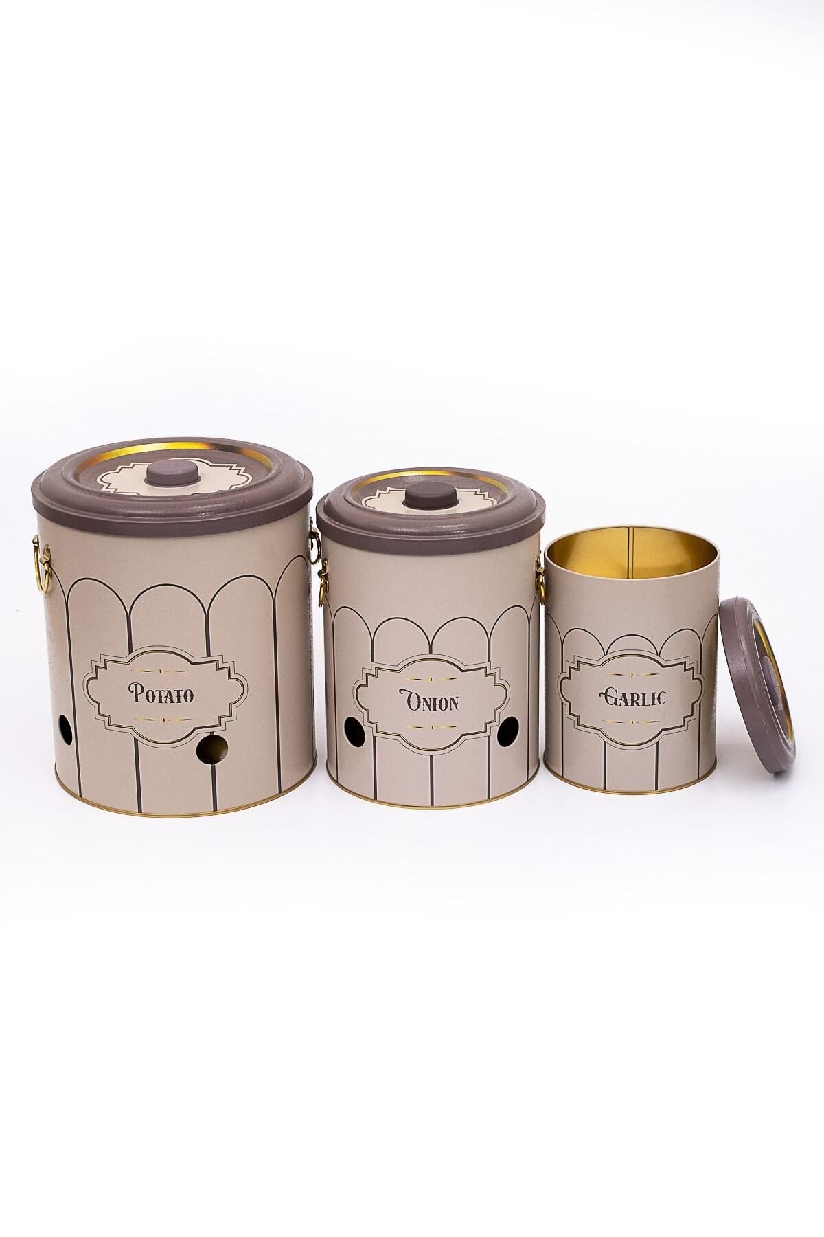 Evle Patates Soğan Sarımsak Saklama Kabı 3 lü Set, Retro
