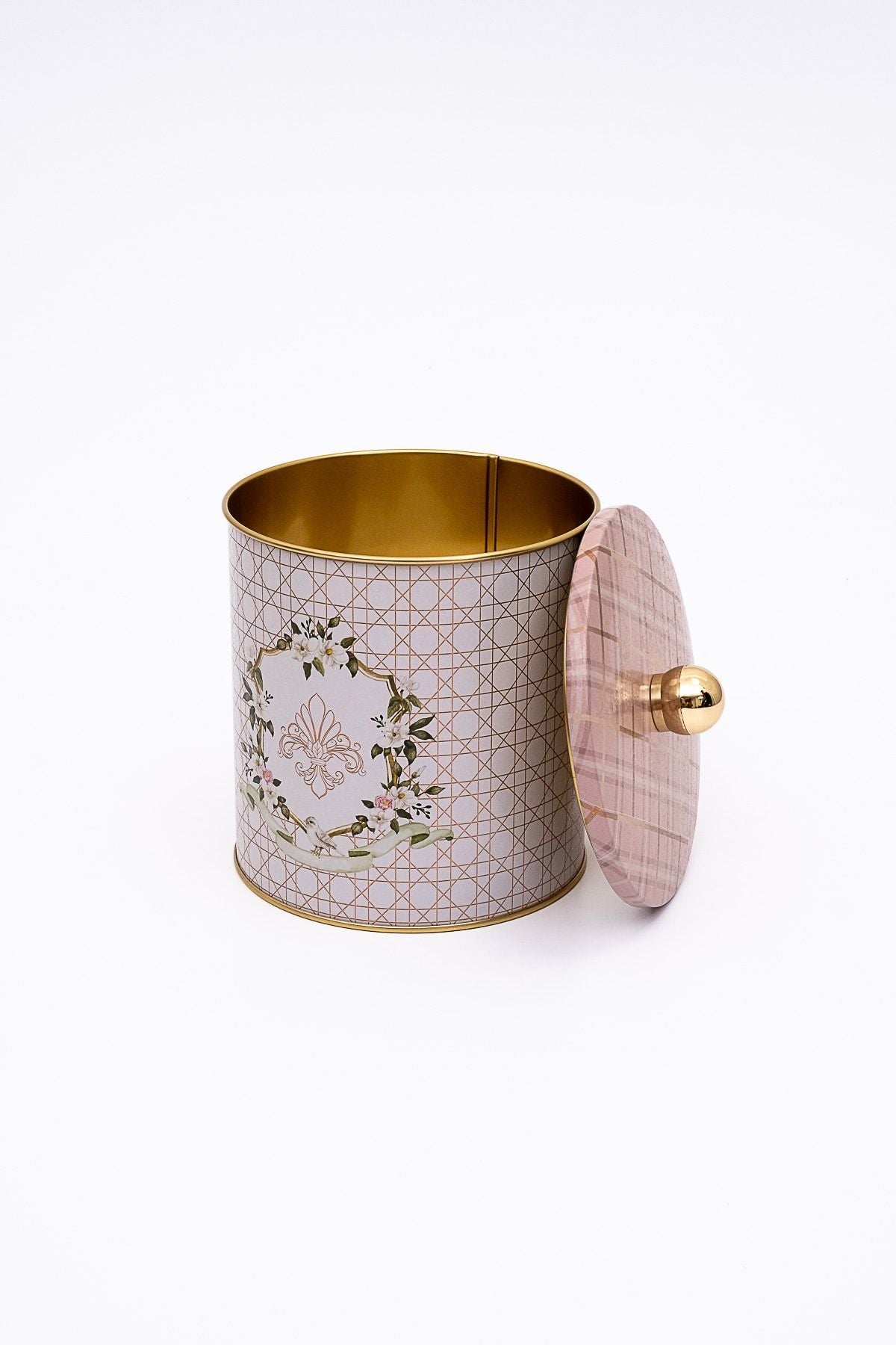 Rosy Desenli Yuvarlak Metal Saklama Kabı 14 Cm, Erzak Kabı 14 Cm X 15 Cm Er143-u7