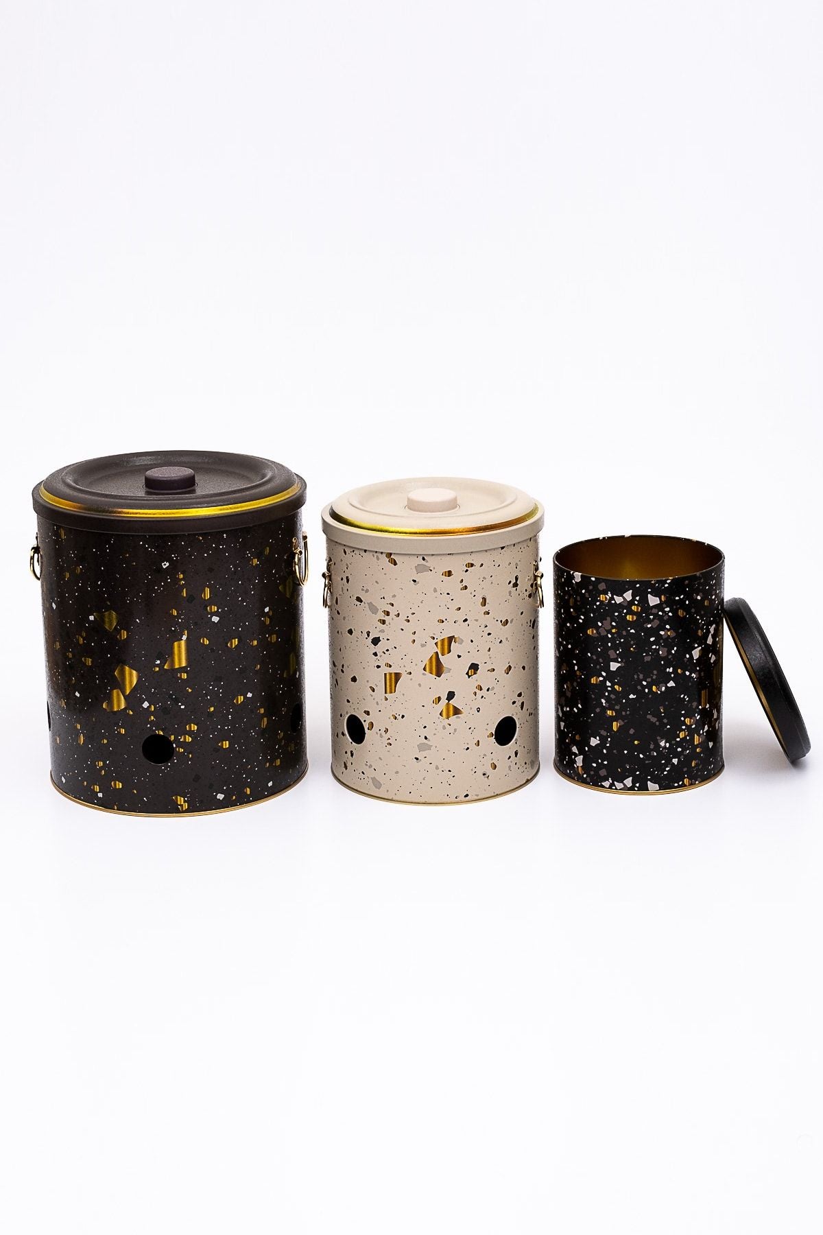 Metal Patates Soğan Kovası - Sebzelik - Patates Soğanlık Sepeti Sarımsaklık 3lü Set, Terrazo Erb29u4