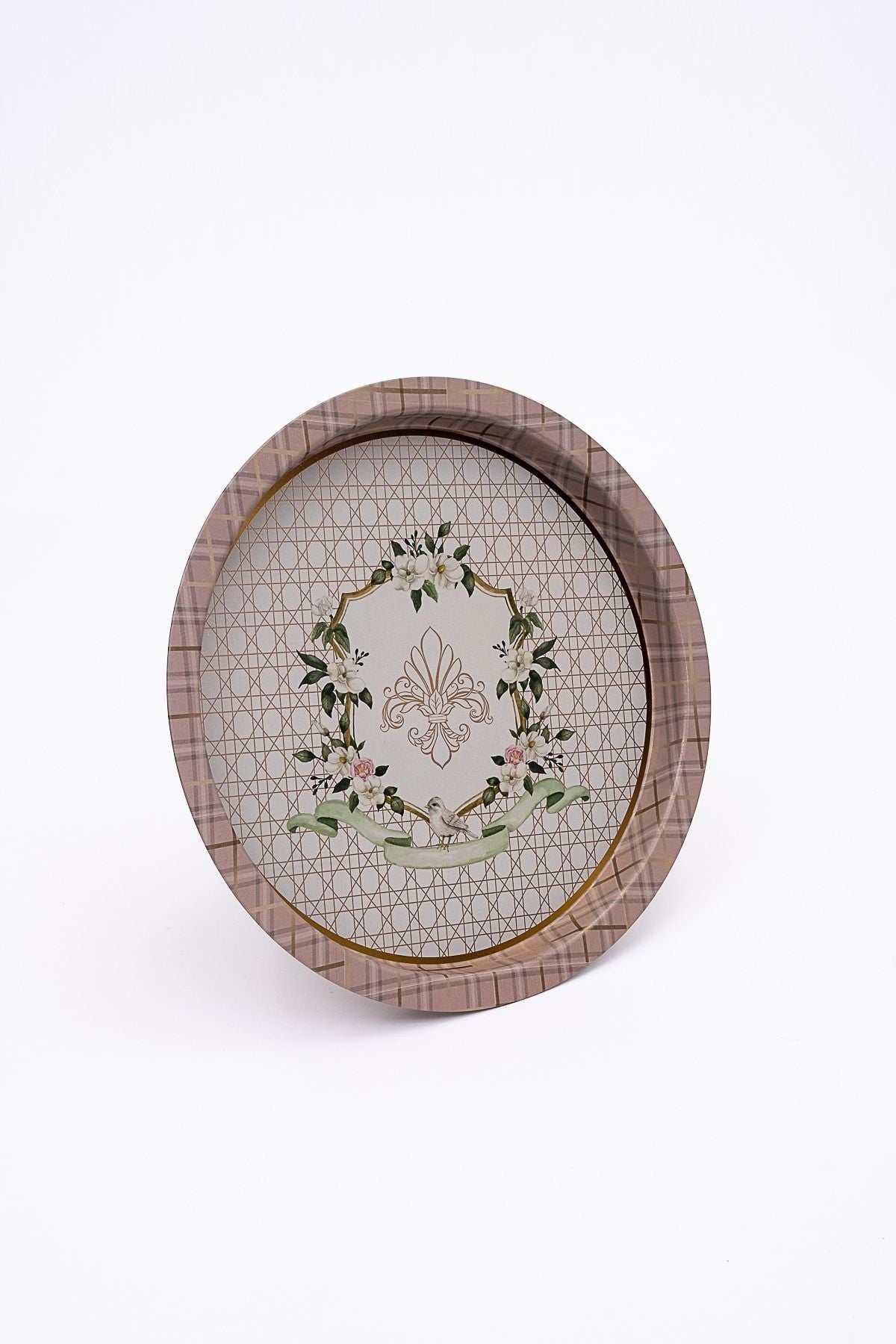 Rosy Desenli Yuvarlak Metal Tepsi - Çay Kahve Tepsisi - Sunum Tepsisi 37 Cm Ee163-u7