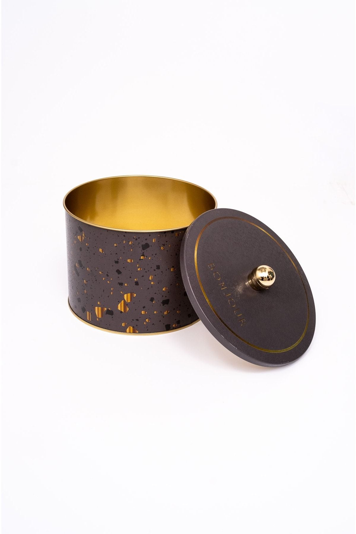 Terrazo Desenli Yuvarlak Metal Saklama Kabı 14 Cm, Erzak Kabı - Organizer 17,5 Cm X 13 Cm Er145-8g