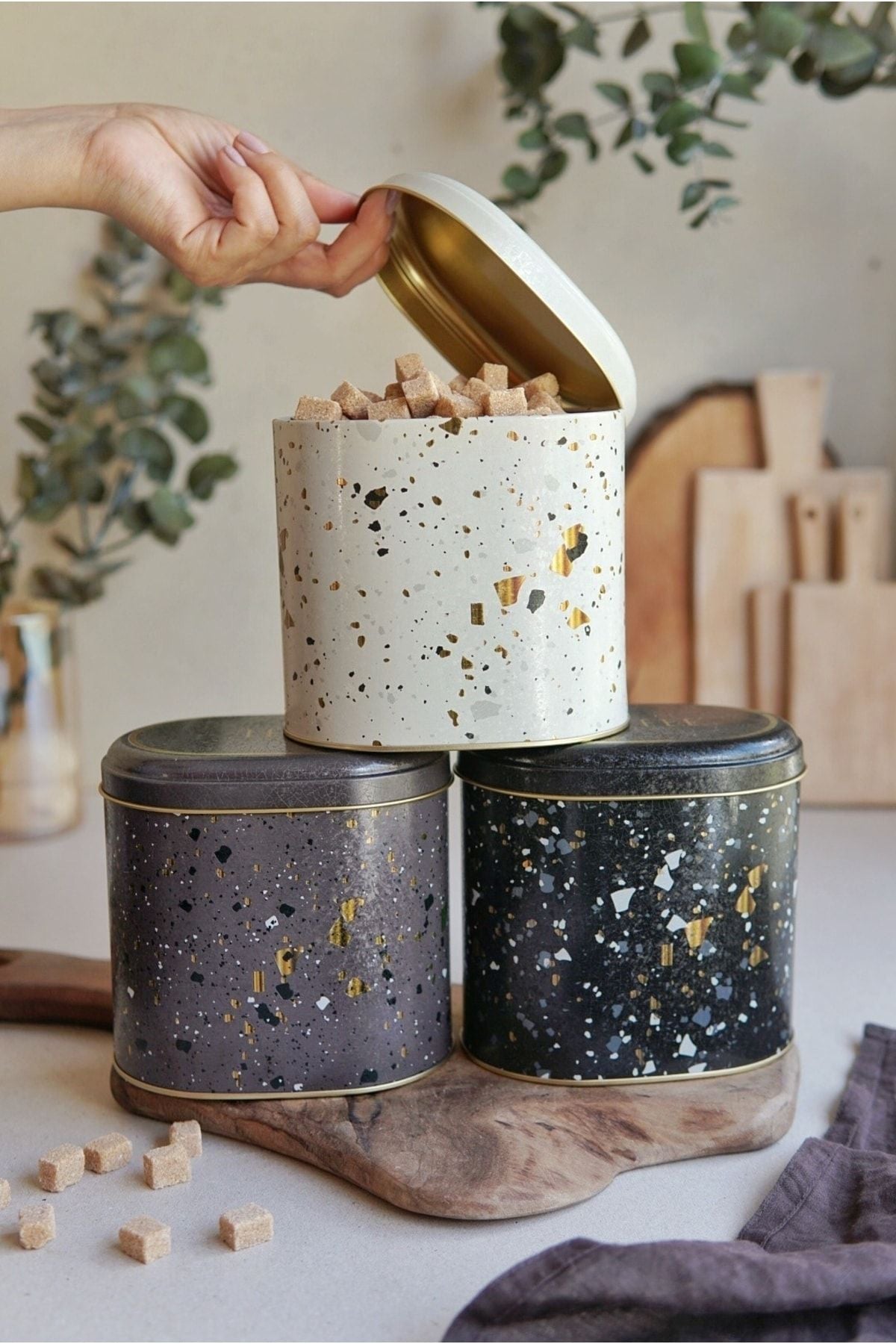 Erb07u4 Oval Metal Saklama Kabı 3 Lü Set, Terrazo