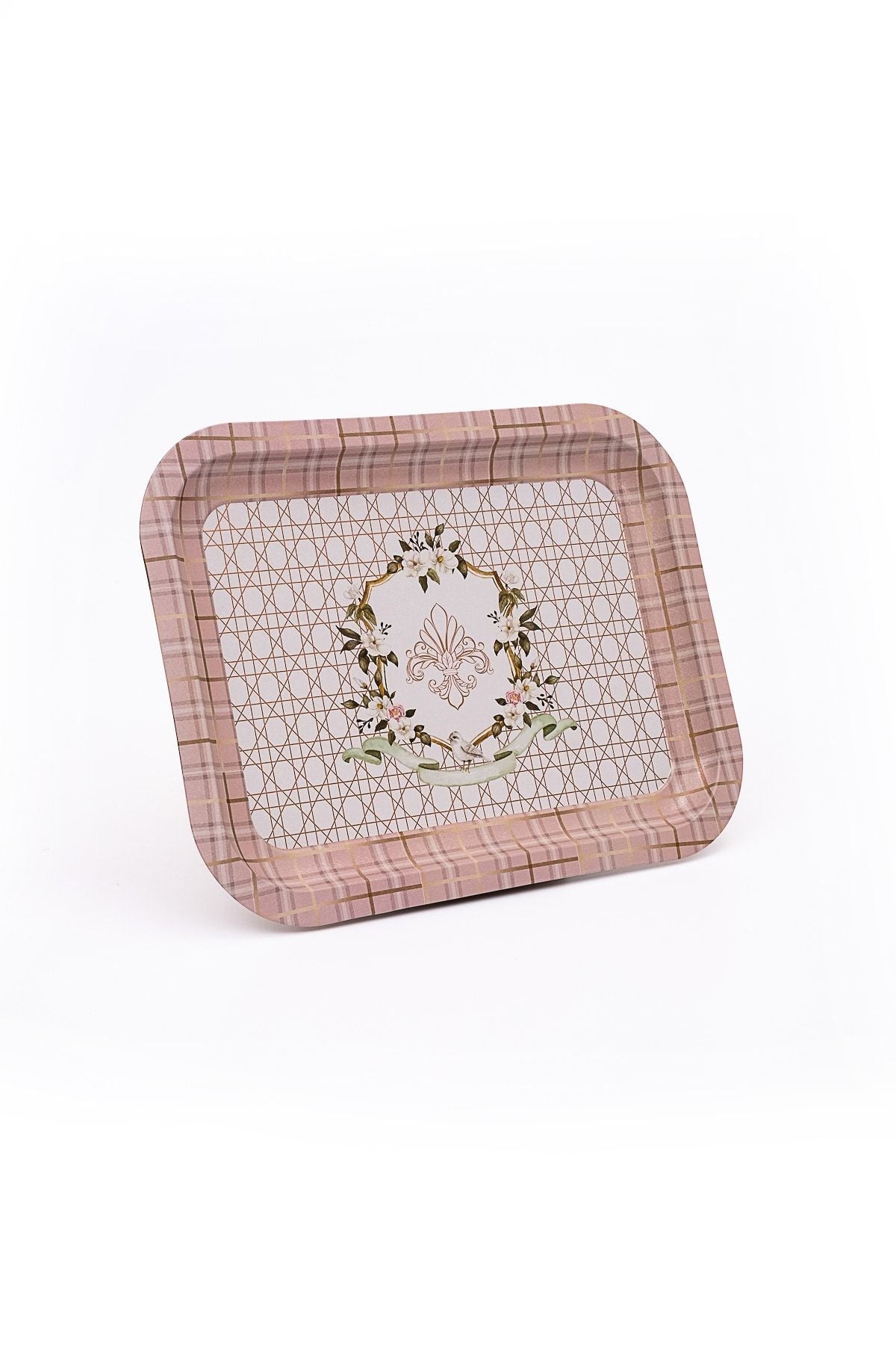 Rosy Desenli Metal Tepsi - Çay Kahve Tepsisi - Sunum Tepsisi 23 Cm X 31 Cm Ee161-u7