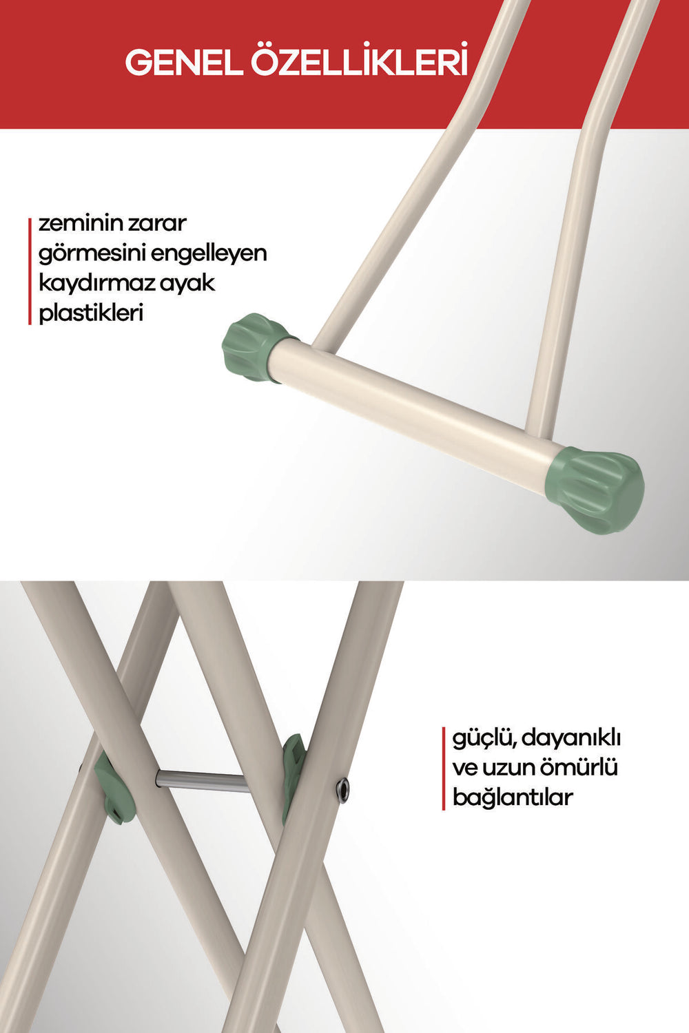 Kaydırmaz ayak plastikleri ve dayanıklı bağlantılarla güvenli ütüleme için Perilla Valentina ütü masası.