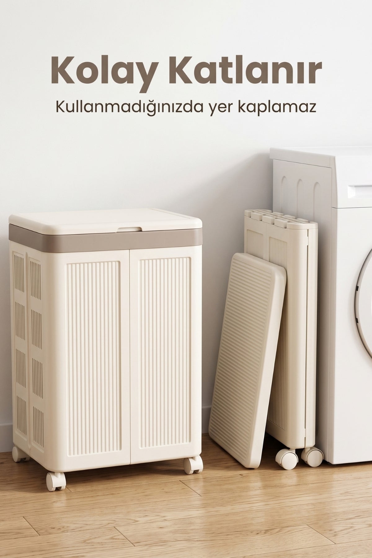 Evle Katlanır Tekerlekli Kapaklı Çamaşır Sepeti 100 Litre Yer Kaplamayan Oyuncak Saklama Kutusu