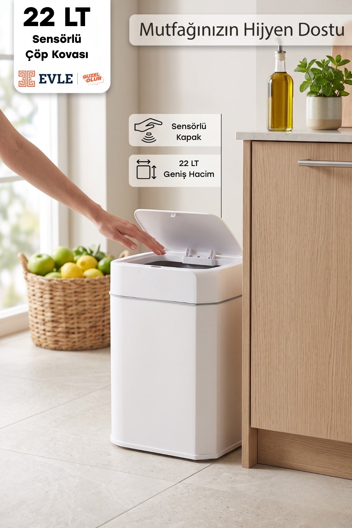 Evle Sensörlü Çöp Kovası 22 lt
