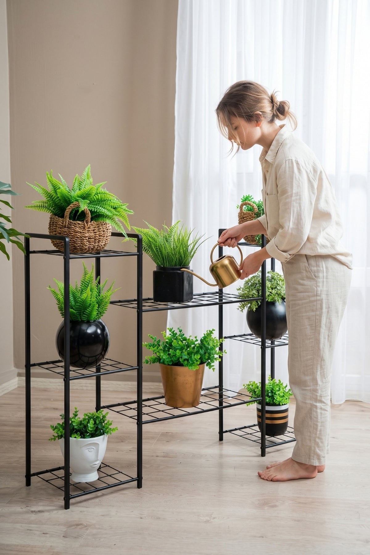 Evle 8 Raflı Metal Saksılık Çok Katlı Çiçek Standı Balkon Salon Bitki Rafı Siyah 30x125x83 cm