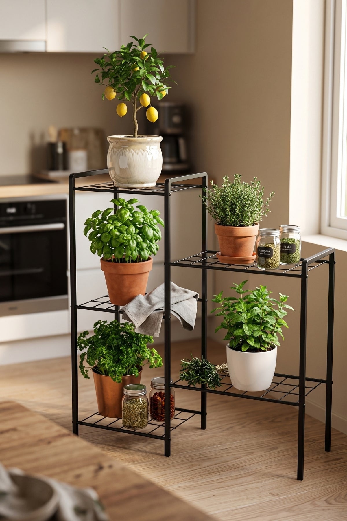 Evle 5 Raflı Metal Saksılık Kademeli Çiçek Standı Balkon Salon Bitki Rafı Siyah 30x94x90 cm