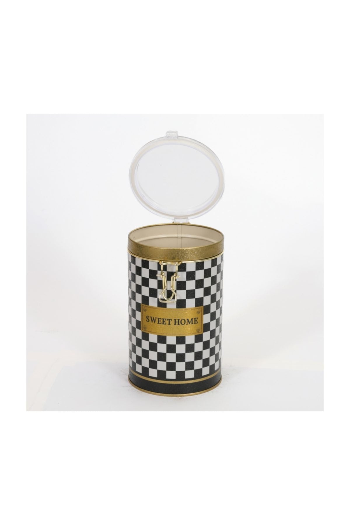 Evle Yuvarlak Kutu, Ø105x170 mm, Şeffaf Kilitli Kapak, 1,3 lt, Checkers Black_Swt Home