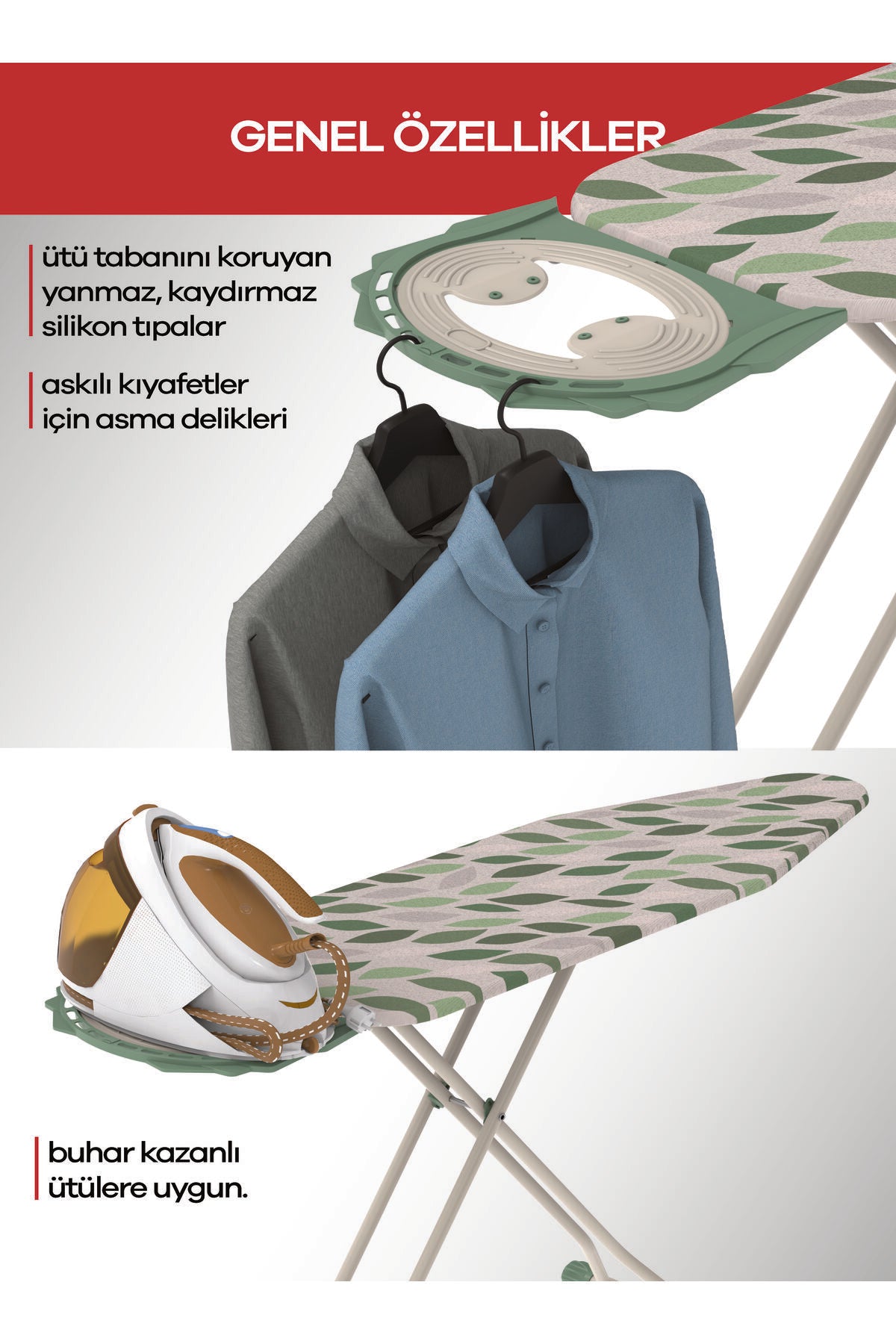 Perilla Valentina ütü masası, kaydırmaz silikon uçlar ve askılı delikler ile kullanışlıdır.