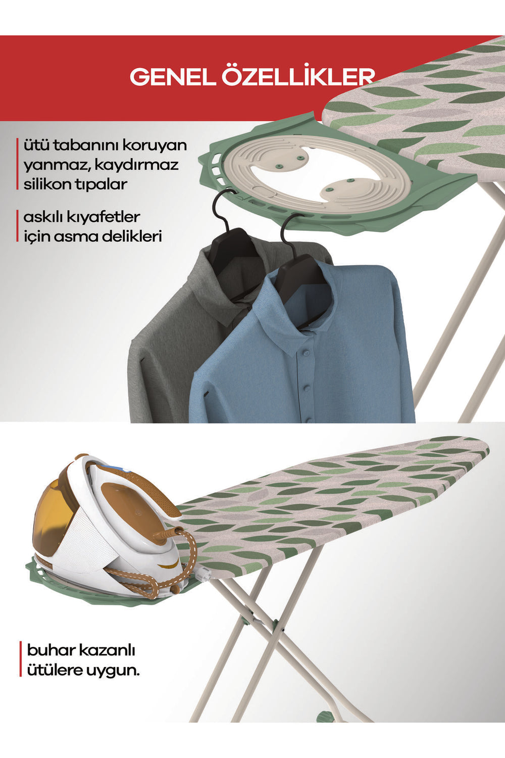Perilla Valentina ütü masası, kaydırmaz silikon uçlar ve askılı delikler ile kullanışlıdır.