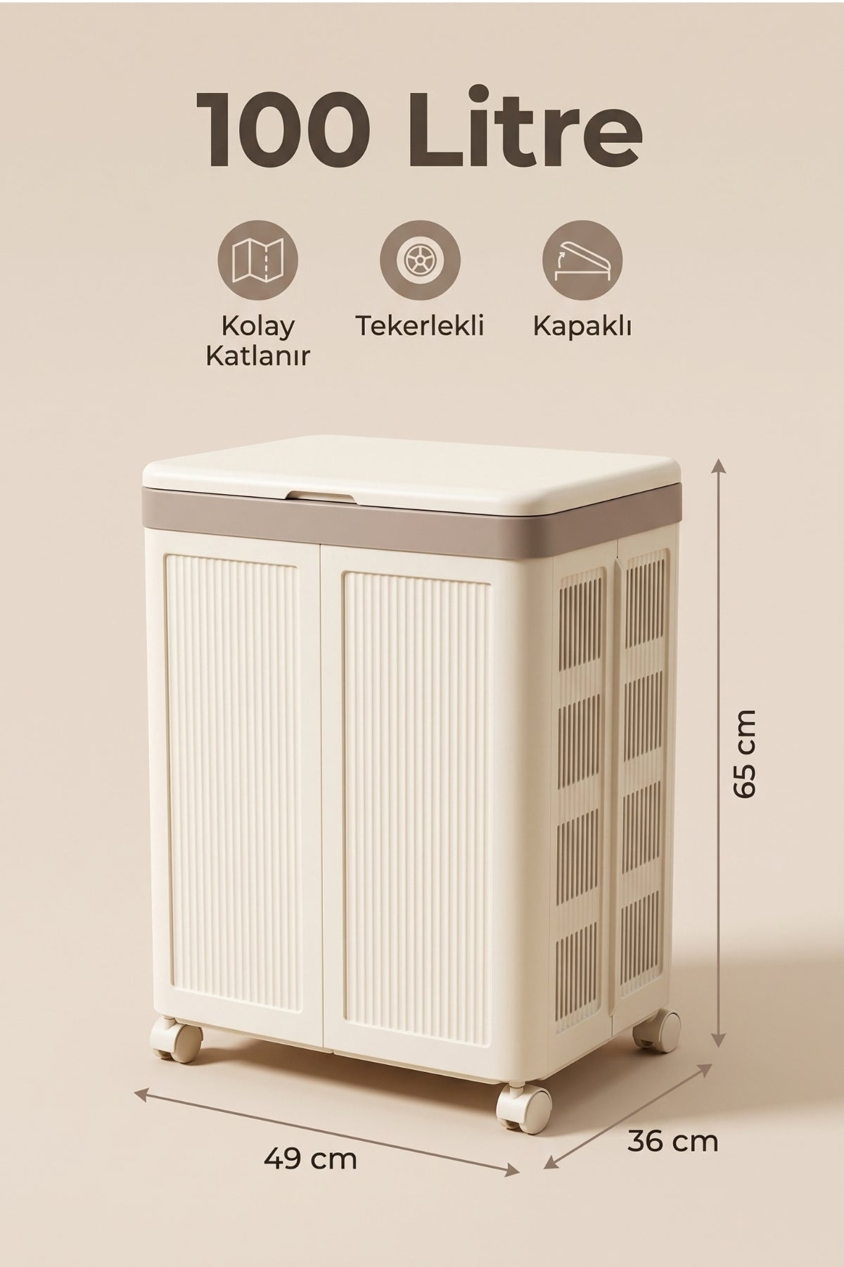 Evle Katlanır Tekerlekli Kapaklı Çamaşır Sepeti 100 Litre Yer Kaplamayan Oyuncak Saklama Kutusu