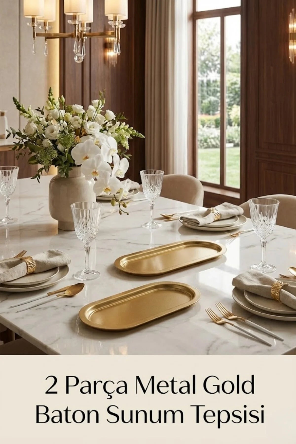 2 Parça Baton Gold Renk Metal Sunum Tepsisi, Altın Renk Servis Tepsisi, Sunumluk