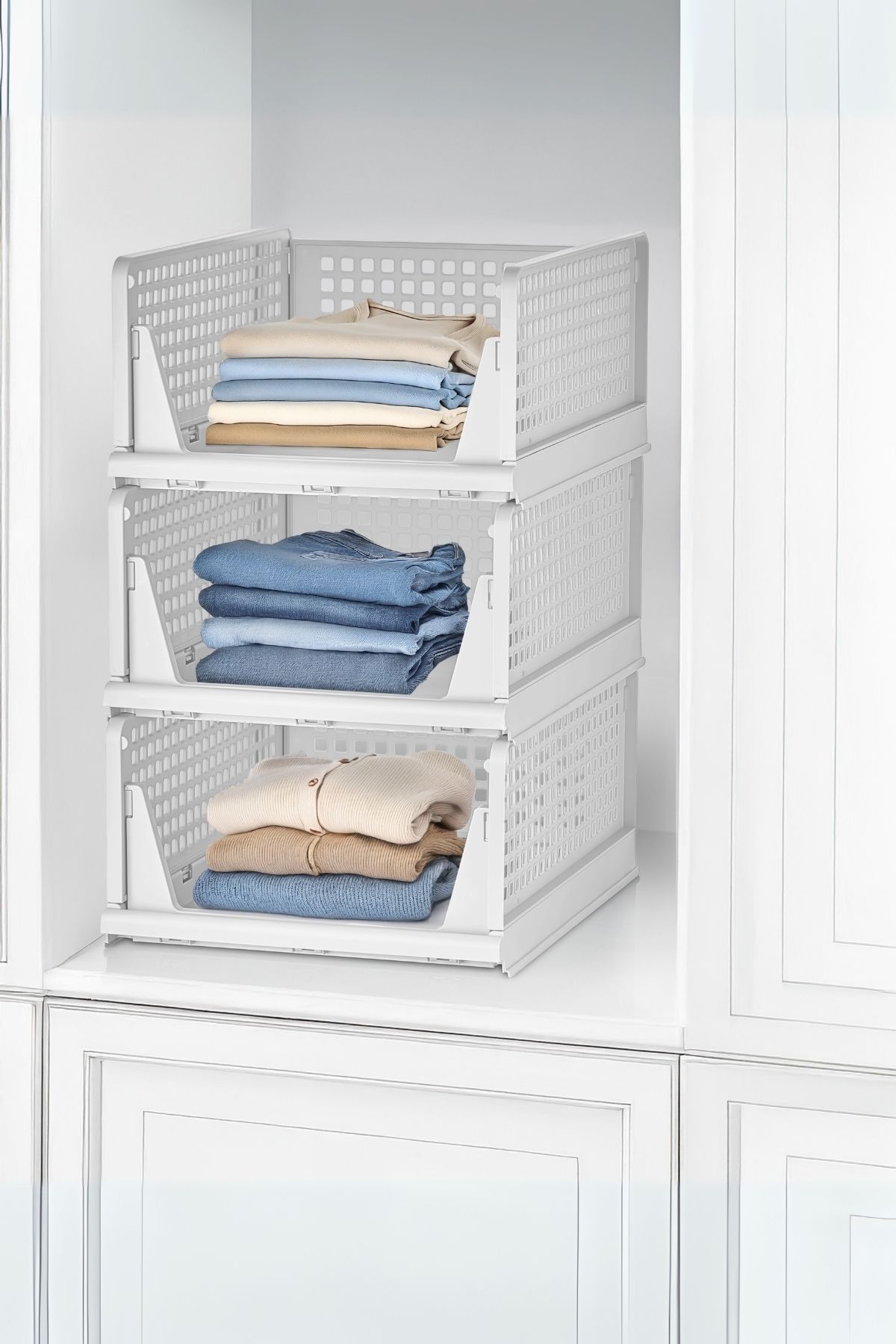 3'lü Beyaz Modüler Raf Seti – Kayar Mekanizmalı Dolap İçi Düzenleyici