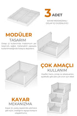 3'lü Beyaz Modüler Raf Seti – Kayar Mekanizmalı Dolap İçi Düzenleyici