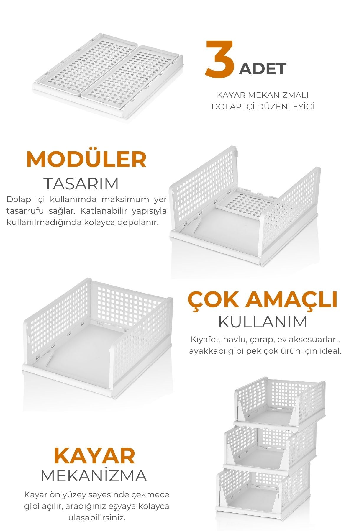 3'lü Beyaz Modüler Raf Seti – Kayar Mekanizmalı Dolap İçi Düzenleyici