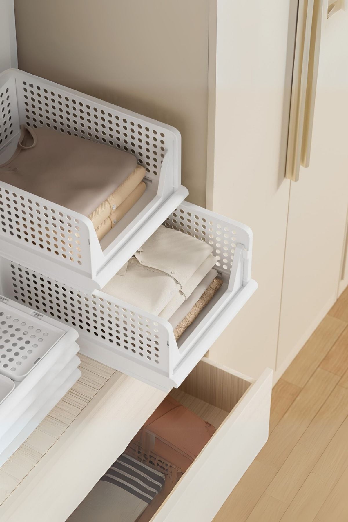 3'lü Beyaz Modüler Raf Seti – Kayar Mekanizmalı Dolap İçi Düzenleyici