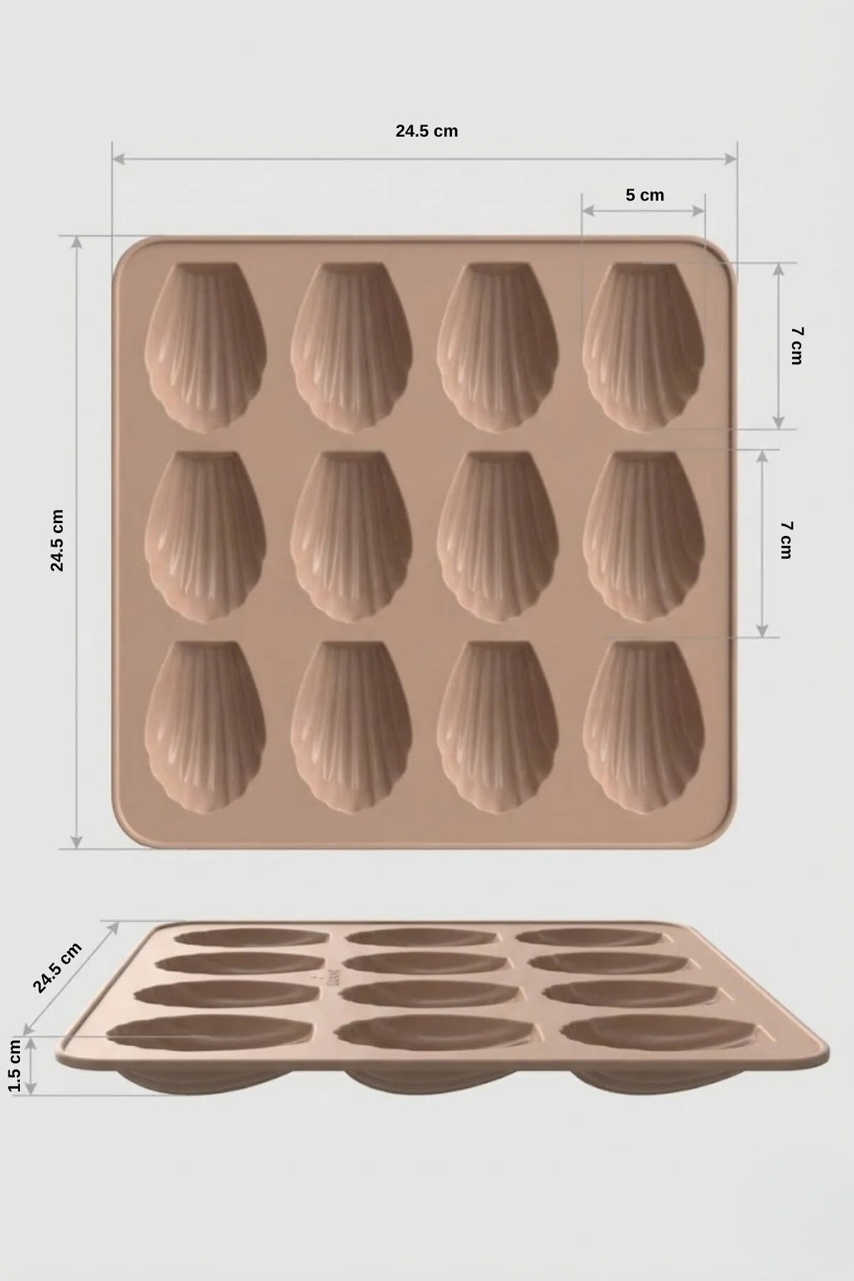 12 Gözlü Silikon Deniz Kabuğu Kek Kalıbı – Mini Kabuk Desenli, Yapışmaz Fırın Kalıbı 24,5 x 24,5 cm