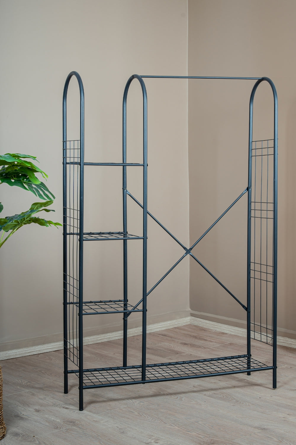 Çok Amaçlı Ayaklı Askılık, 5 raflı metal elbise standı, modern asimetrik tasarım