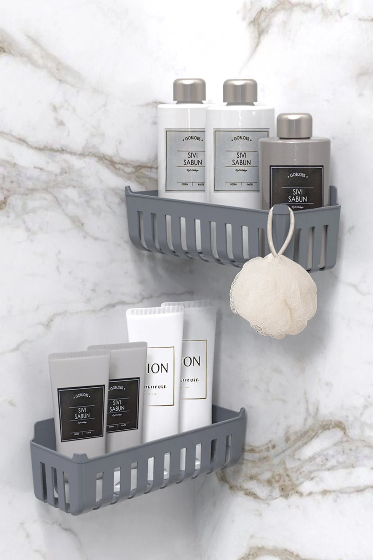 Deby 2'li Yapışkanlı Banyo Rafı Gri