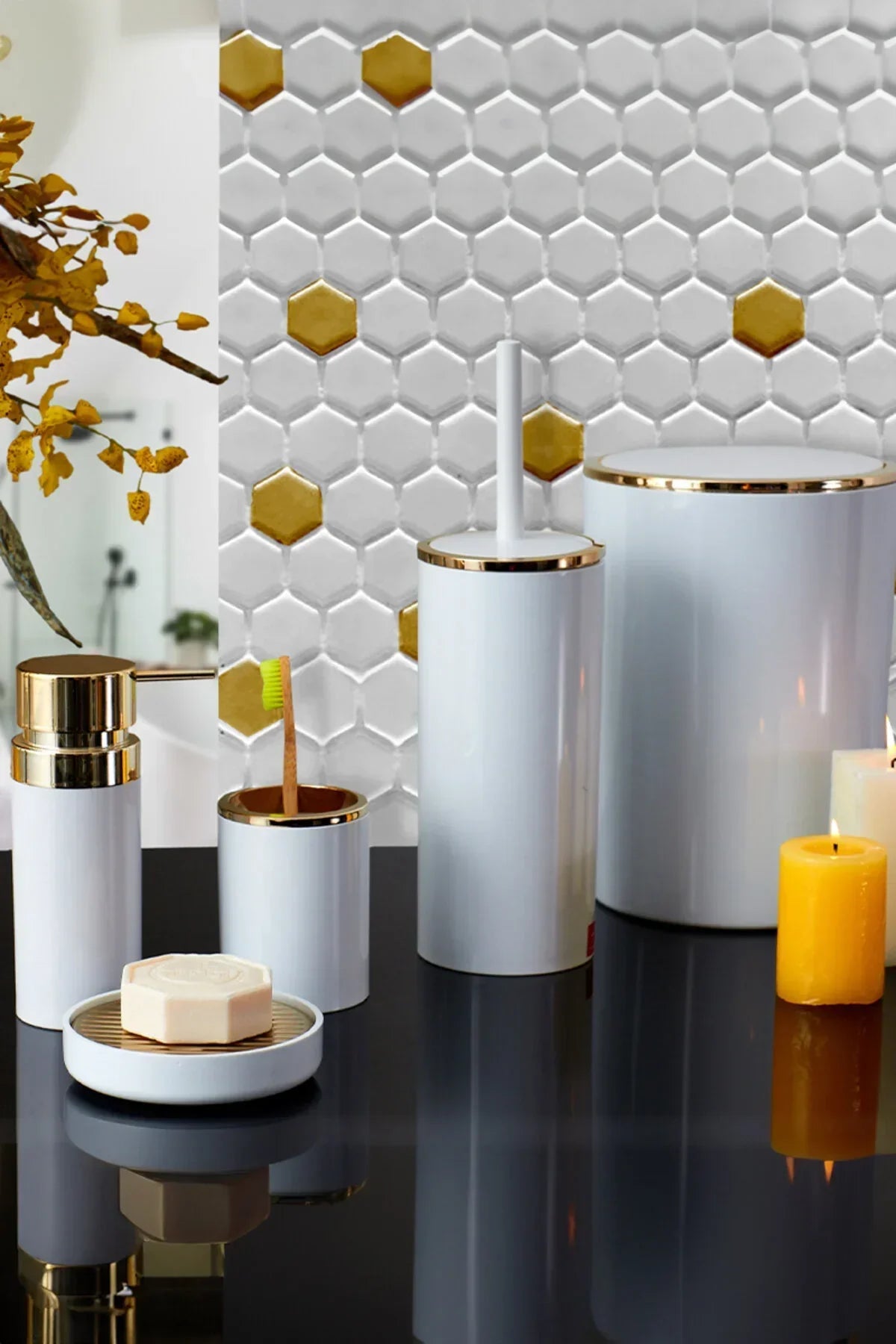 Lenox Banyo Seti / Beyaz-Altın Çerçeve