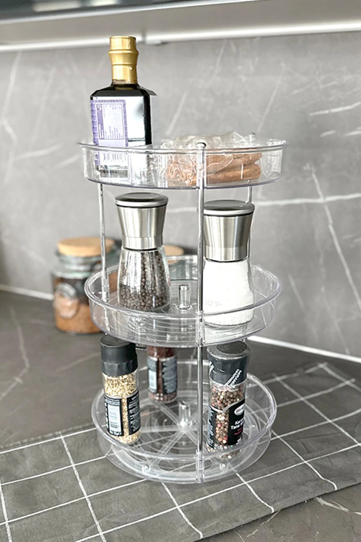 Elpida Üç Katlı Döner Raf Banyo Mutfak Makyaj Düzenleyici - Şeffaf