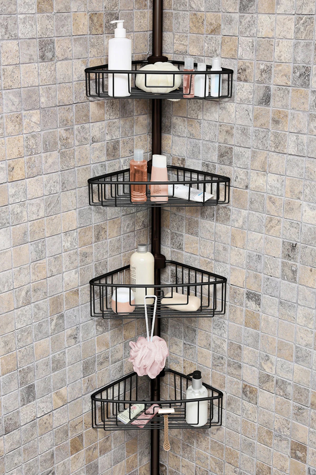 Paslanmaz Aluminyum 4 Raflı Yaylı Banyo Köşe rafı Siyah