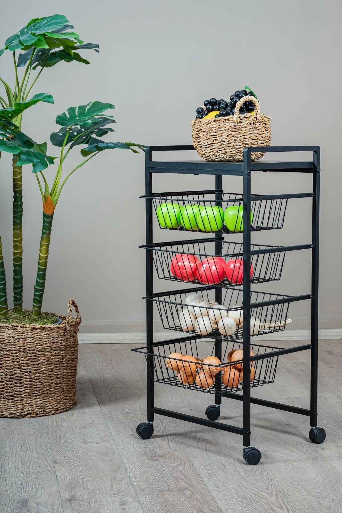 Metal Gövdeli 4 Sepetli Tekerlekli Mutfak Rafı, Patates Soğan Sebzeliği, Siyah Organizer Stand
