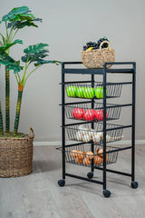 Metal Gövdeli 4 Sepetli Tekerlekli Mutfak Rafı, Patates Soğan Sebzeliği, Siyah Organizer Stand