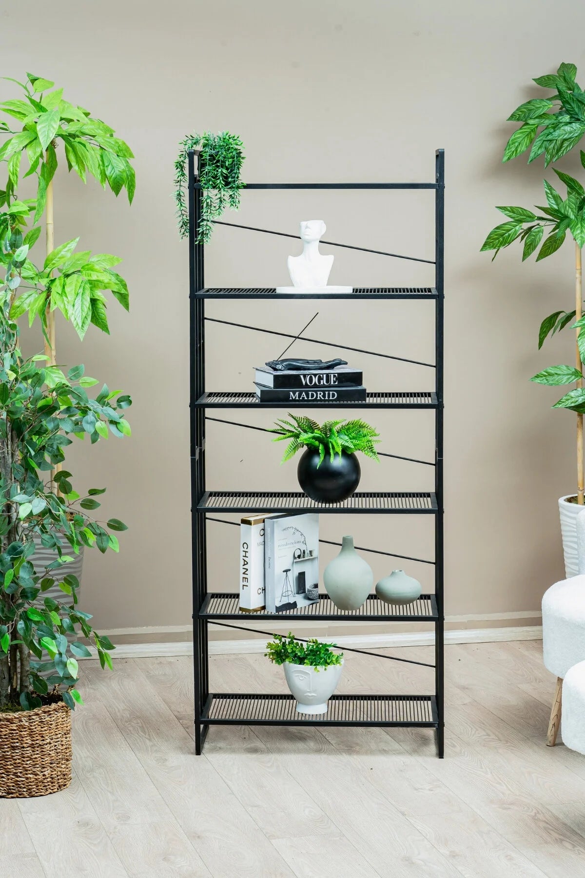 6 Raflı Metal Kitaplık, Modern Dekoratif Raf Ünitesi, Salon ve Ofis için Dosya Dolabı Standı