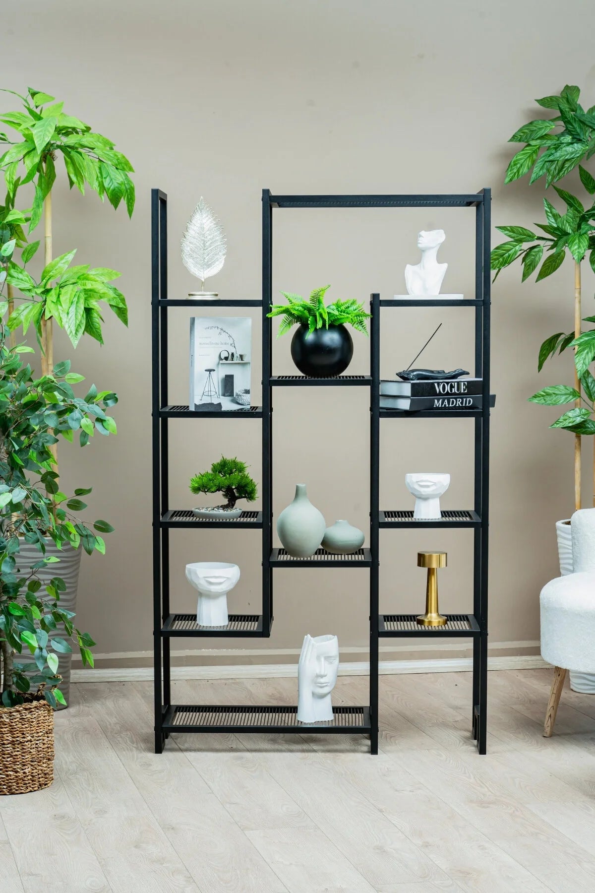 Çok Amaçlı Kademeli Metal Raf, 12 Gözlü Kitaplık ve Saksı Standı, Siyah Organizer Ünite