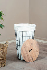 Dekoratif Yuvarlak Çamaşır Sepeti Metal Gövdeli Bez Torbalı Kirli Sepeti