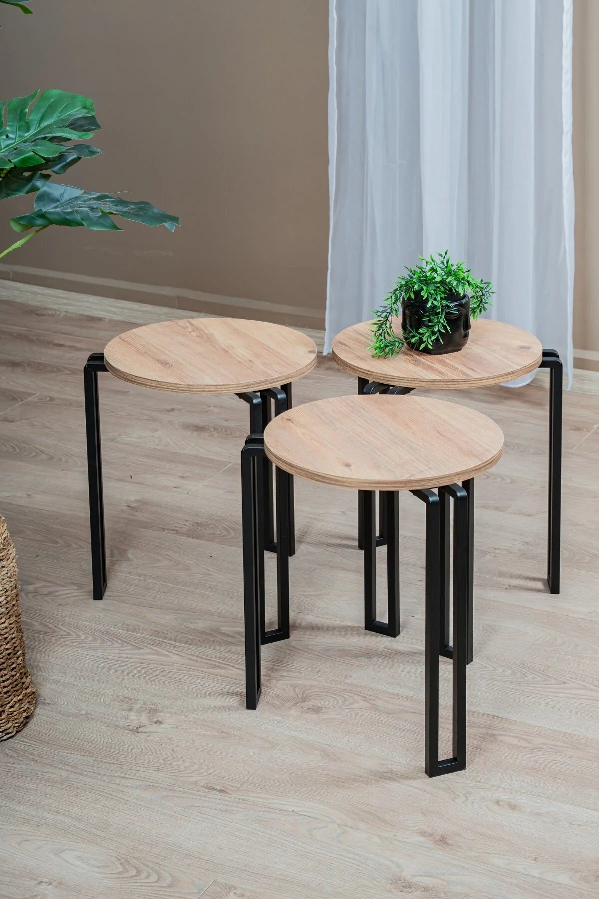 3'lü Zigon Sehpa Takımı, Modern Metal Ayaklı Yuvarlak Yan Sehpa, Ahşap Tablalı Orta Sehpa