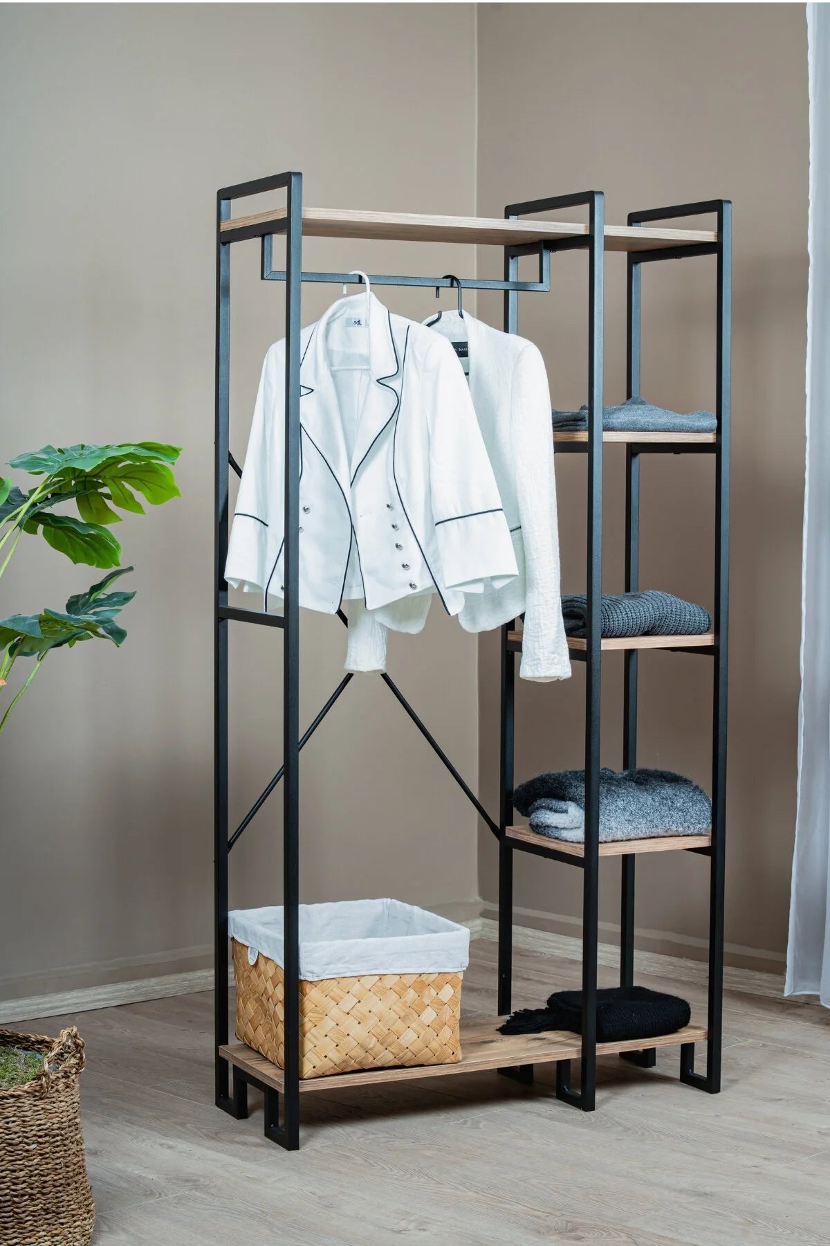 Çok Amaçlı Ayaklı Askılık, 5 Raflı Geniş Kapasiteli Elbise Dolabı, Modern Portmanto ve Kitaplık