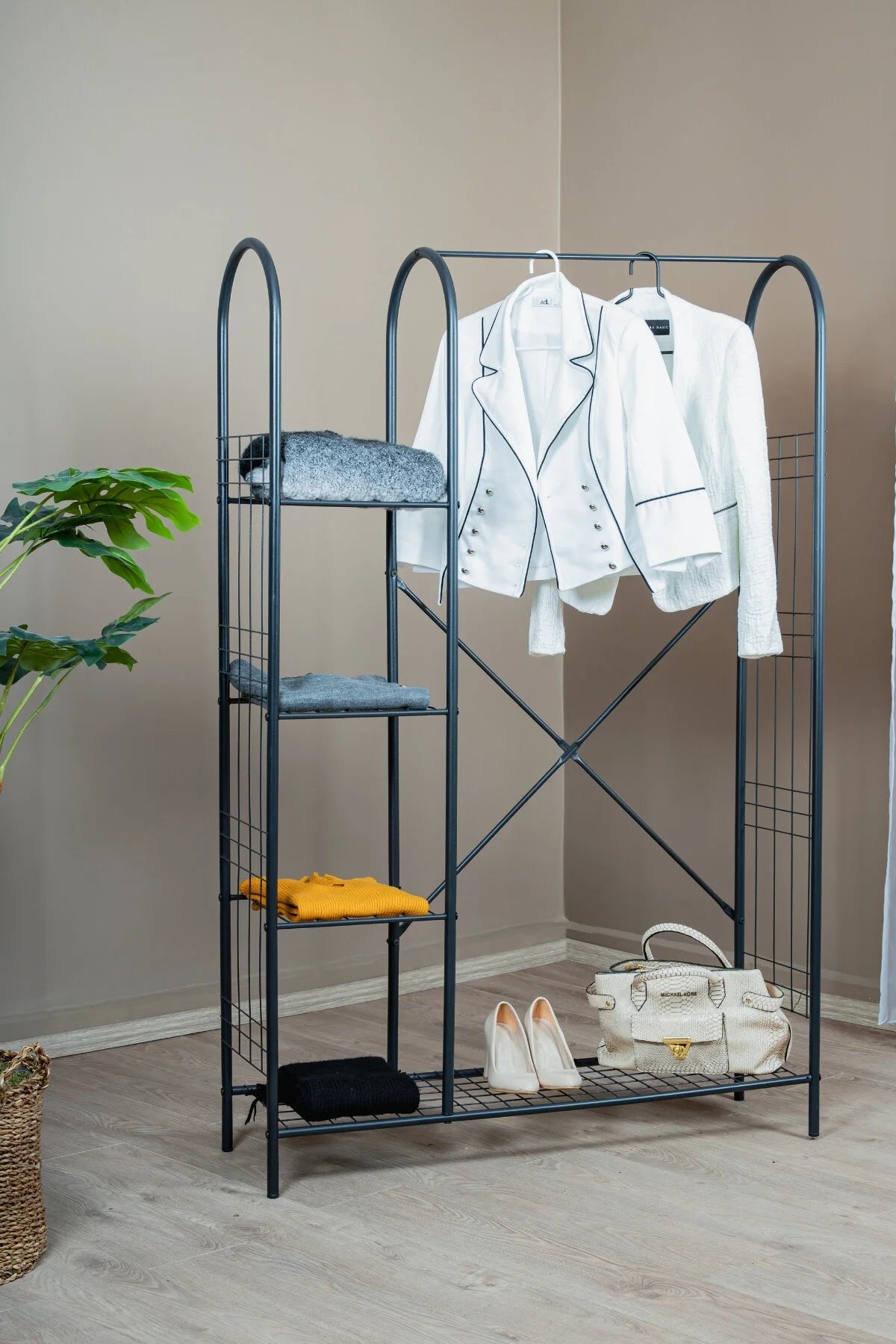 Çok Amaçlı Ayaklı Askılık 5 Raflı Elbise Standı Yatak Odası Düzenleyici Portmanto