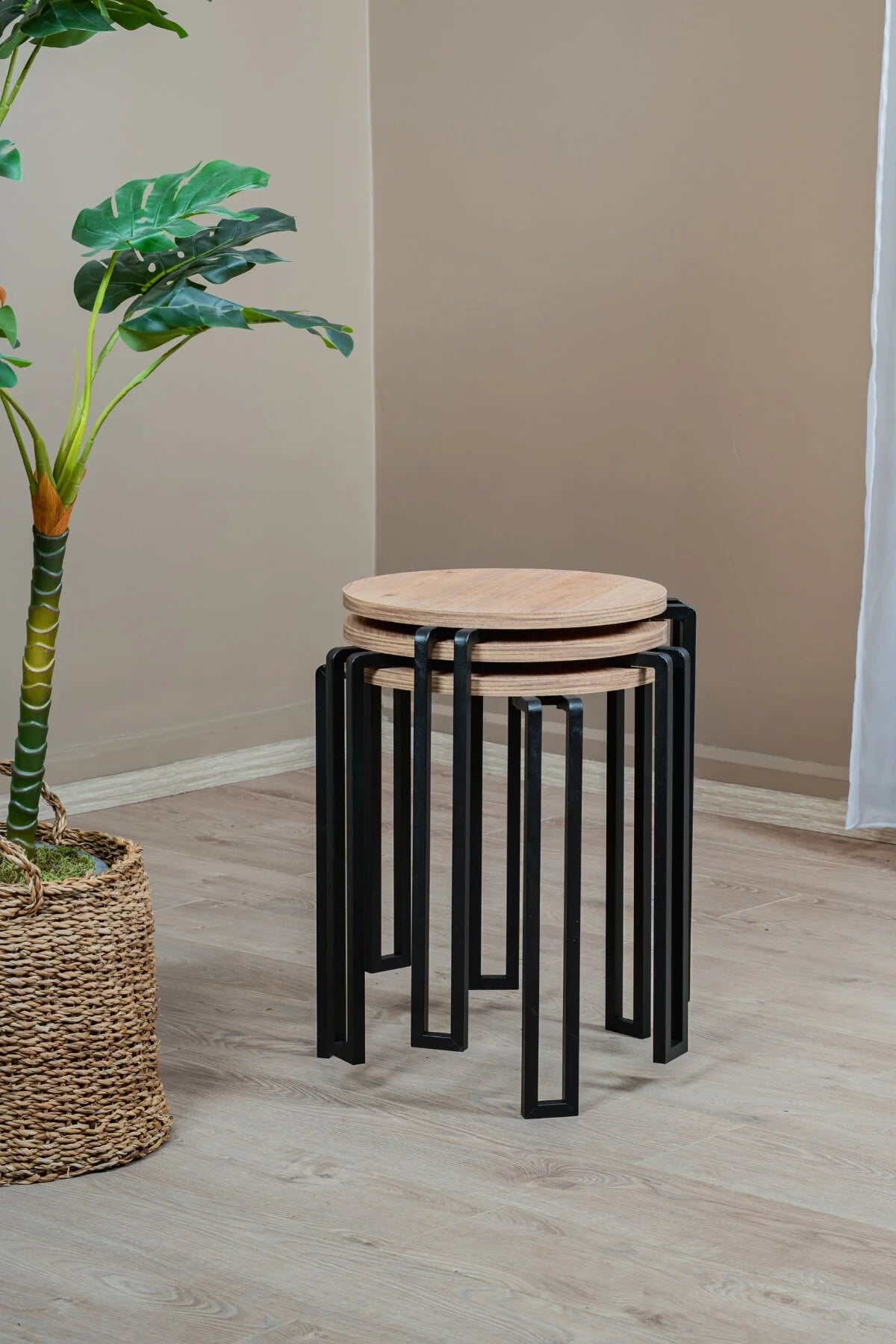 3'lü Zigon Sehpa Takımı, Modern Metal Ayaklı Yuvarlak Yan Sehpa, Ahşap Tablalı Orta Sehpa