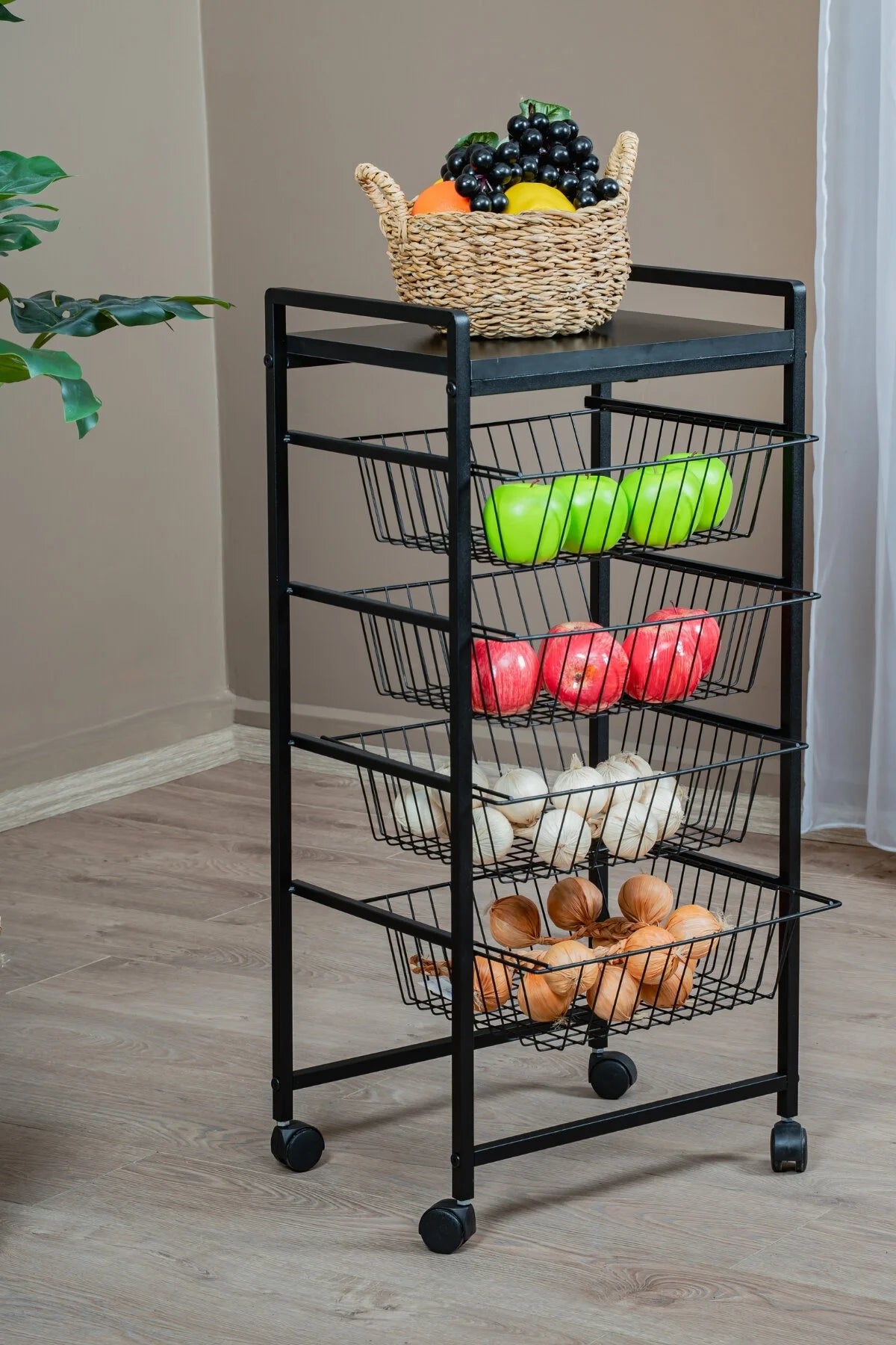 Metal Gövdeli 4 Sepetli Tekerlekli Mutfak Rafı, Patates Soğan Sebzeliği, Siyah Organizer Stand